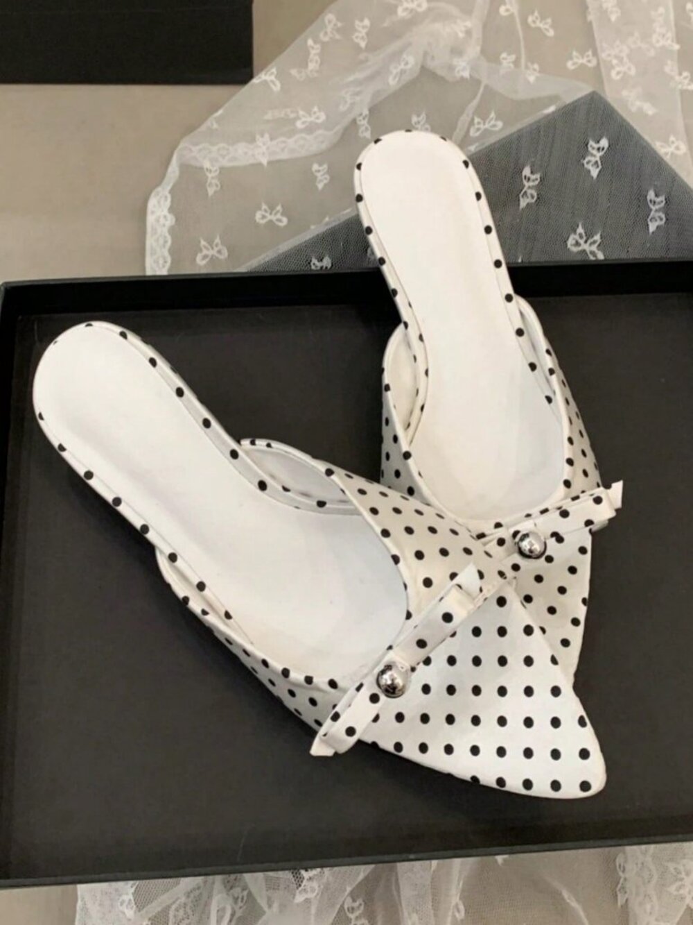 White Women's polka dot Pointed Toe Stiletto Heel Sandals - Picture 3 of 4